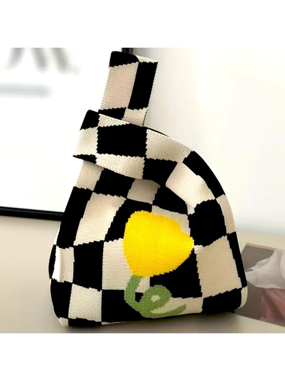 Heavy Woven Knit Tulip Pattern Tote Purse Bag Japanese Knot  Closure Style